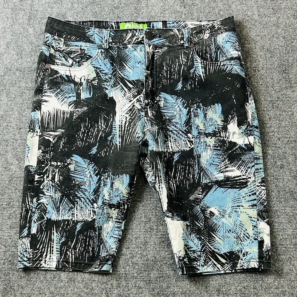 Demolition Mens Size 38 Black Blue All Over Fauna Print Jean Shorts